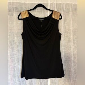 Calvin Klein Black Sleeveless Cowl Neck Top with Gold Shoulder Panels